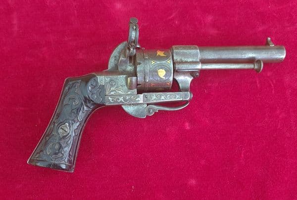A fine Belgian 6 shot 7mm pinfire revolver inlaid with gold & silver decoration. Circa 1865.Ref 3491